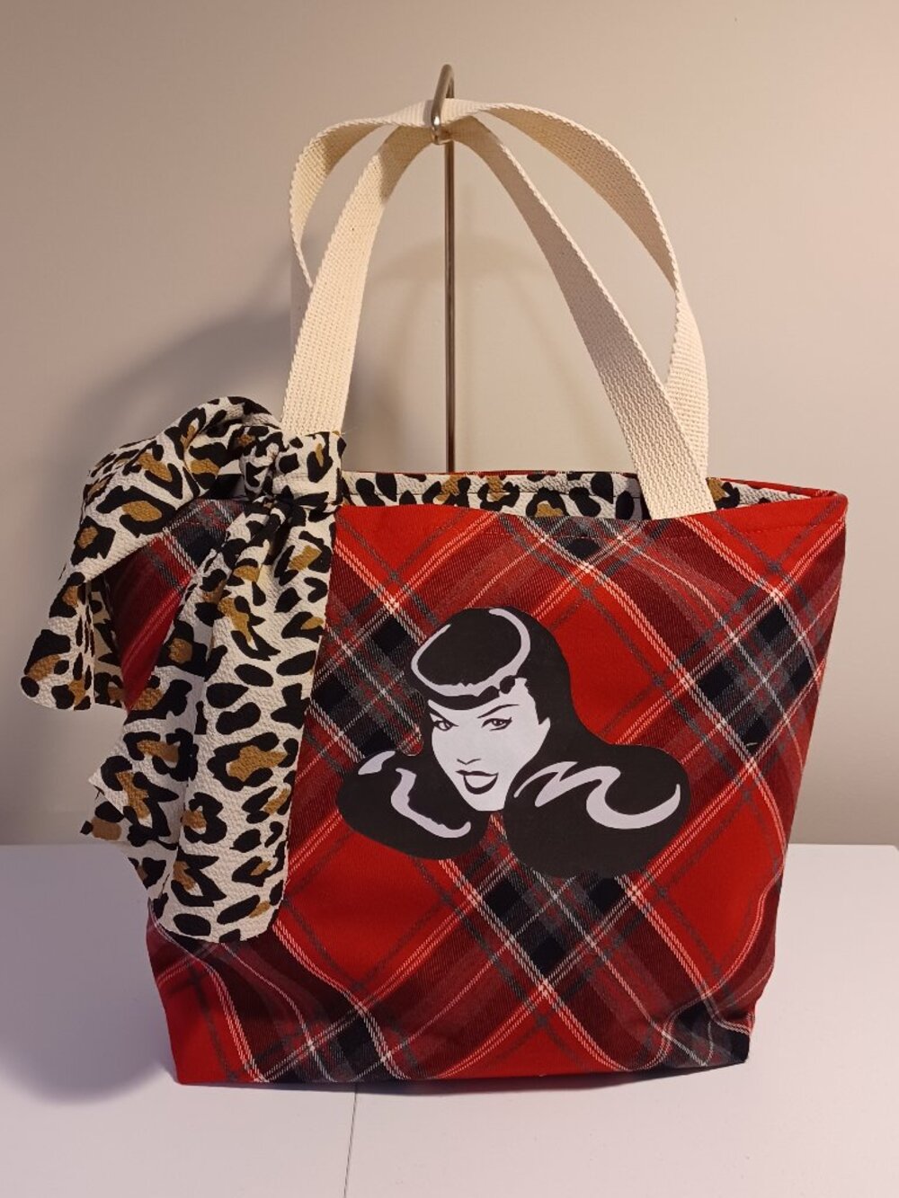 Bettie Page Inspired Tote Bag – Red Plaid, Leopard Print, Rockabilly Purse